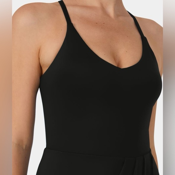 Halara Black Backless Racerback Asymmetric Hem Ruched Midi Dress-No Liner Shorts - Picture 4 of 11